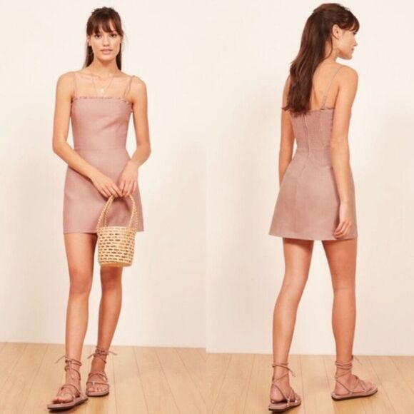 Reformation Ava Ruffle Linen Mini Dress Size 4 Dusty Rose Blush Pink - Picture 1 of 7
